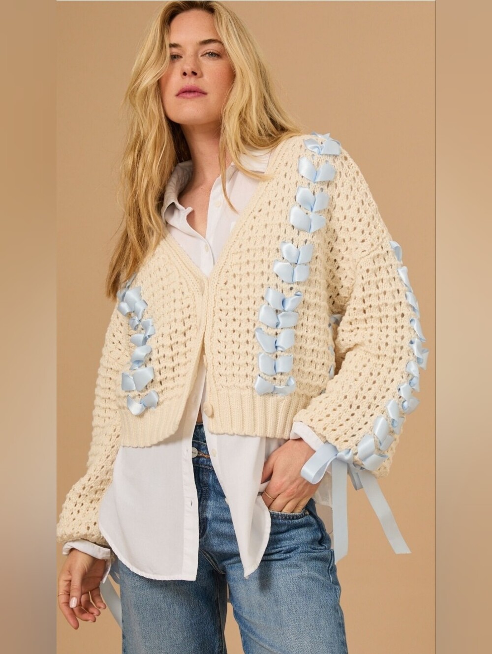 Altar’d State XS Ribbon Crochet Cardigan Blue Bows